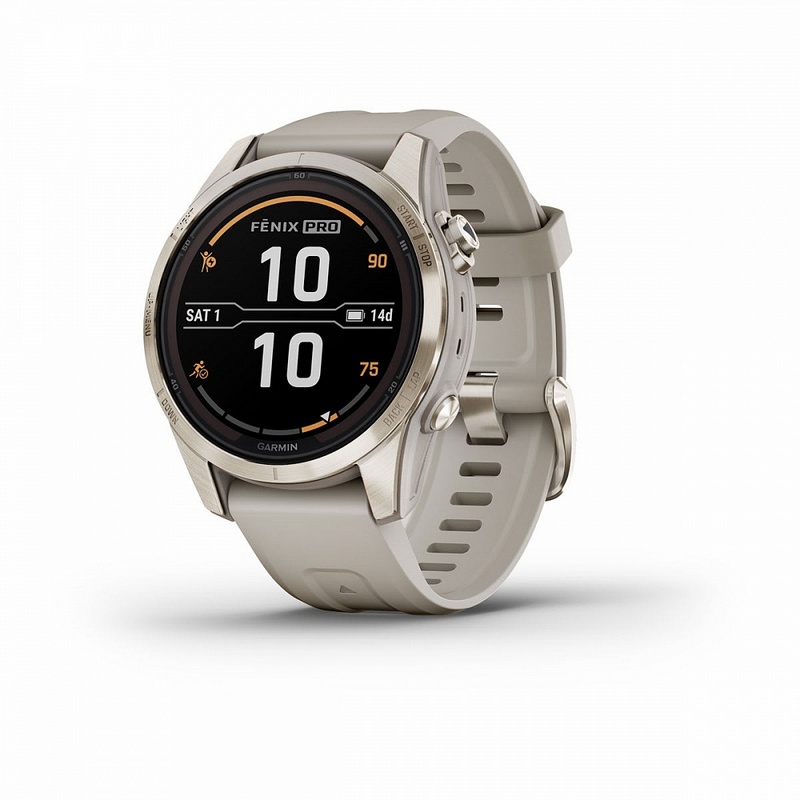 картинка Garmin Fenix 7S Pro Sapphire Solar, 42 мм, золотистый корпус, ремешок светло-песочного цвета от маркетплейса TEMA.shop