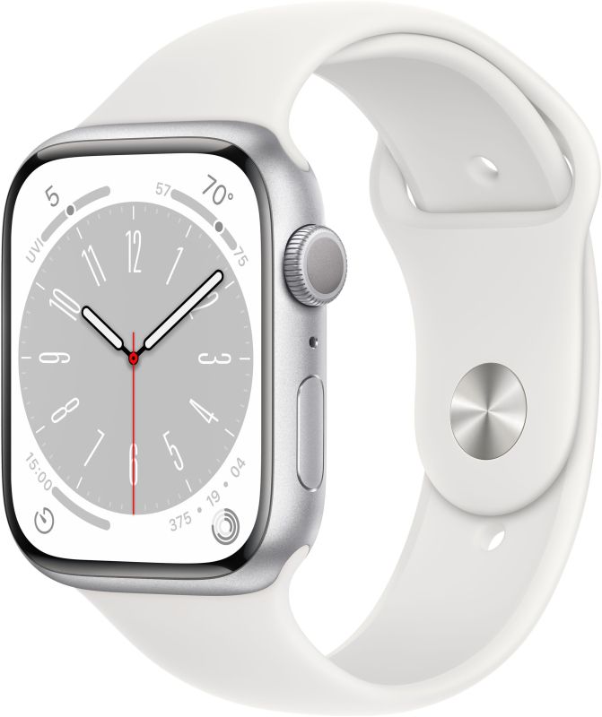 картинка Apple Watch Series 8, 45 мм, корпус серебристого цвета, ремешок белого цвета, размер S/M от маркетплейса TEMA.shop