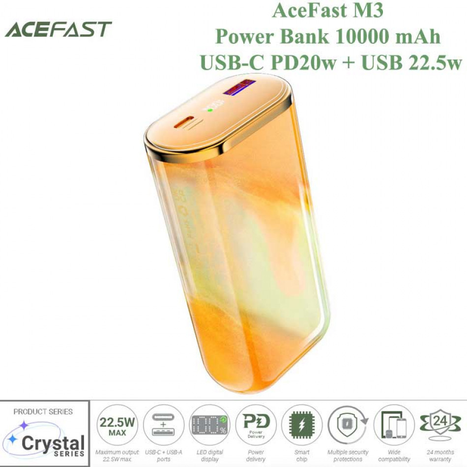 картинка AceFast M3 Sparkling series 22.5W Power Bank 10000 mAh, USB-C PD20W + USB 22.5W, LED display, оранжевый от маркетплейса TEMA.shop