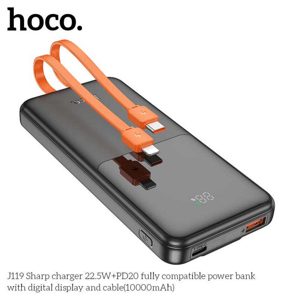 картинка Hoco J119 Sharp 10000mAh Power Bank, QC3.0, PD20W, SCP22.5W, LED, build-in C&L cables, черный от маркетплейса TEMA.shop