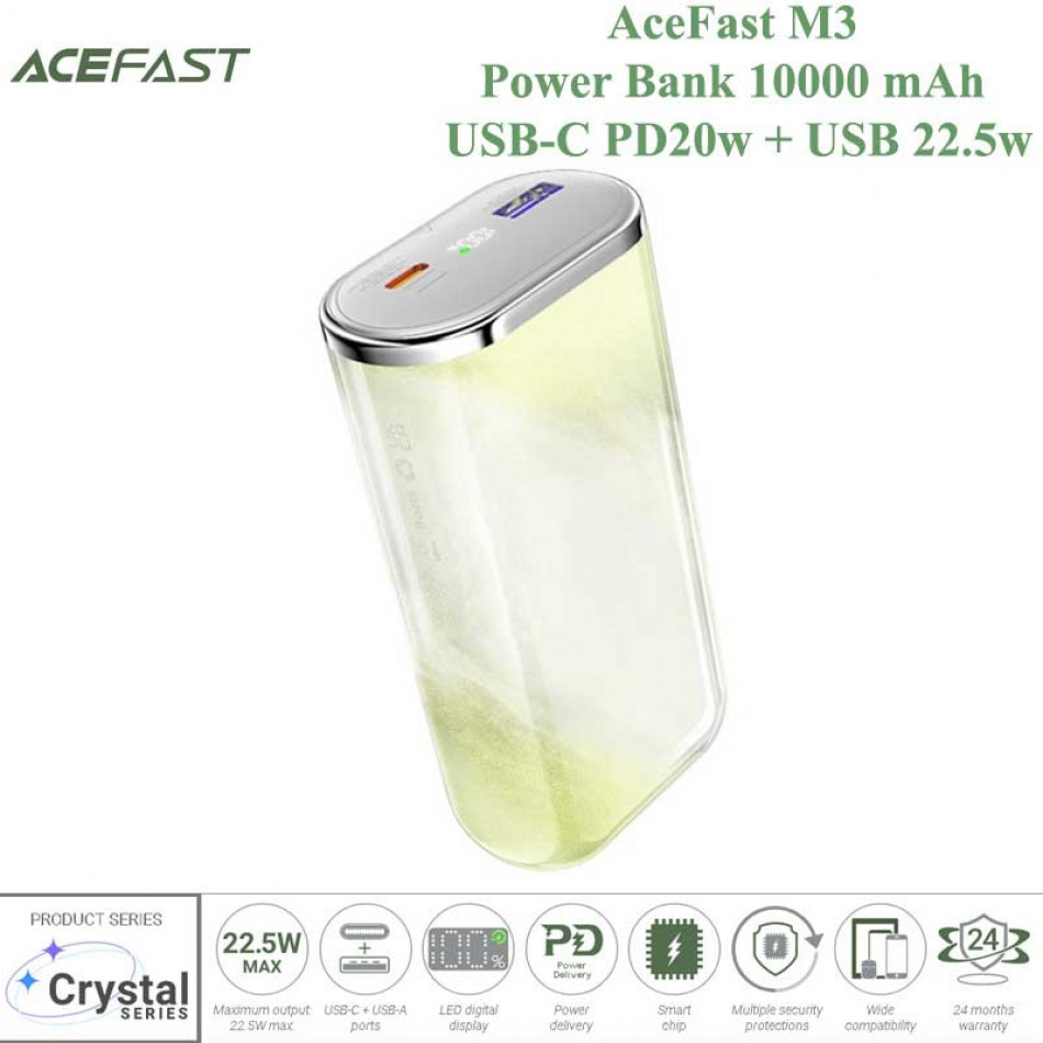 картинка AceFast M3 Sparkling series 22.5W Power Bank 10000 mAh, USB-C PD20W + USB 22.5W, LED display, желтый от маркетплейса TEMA.shop