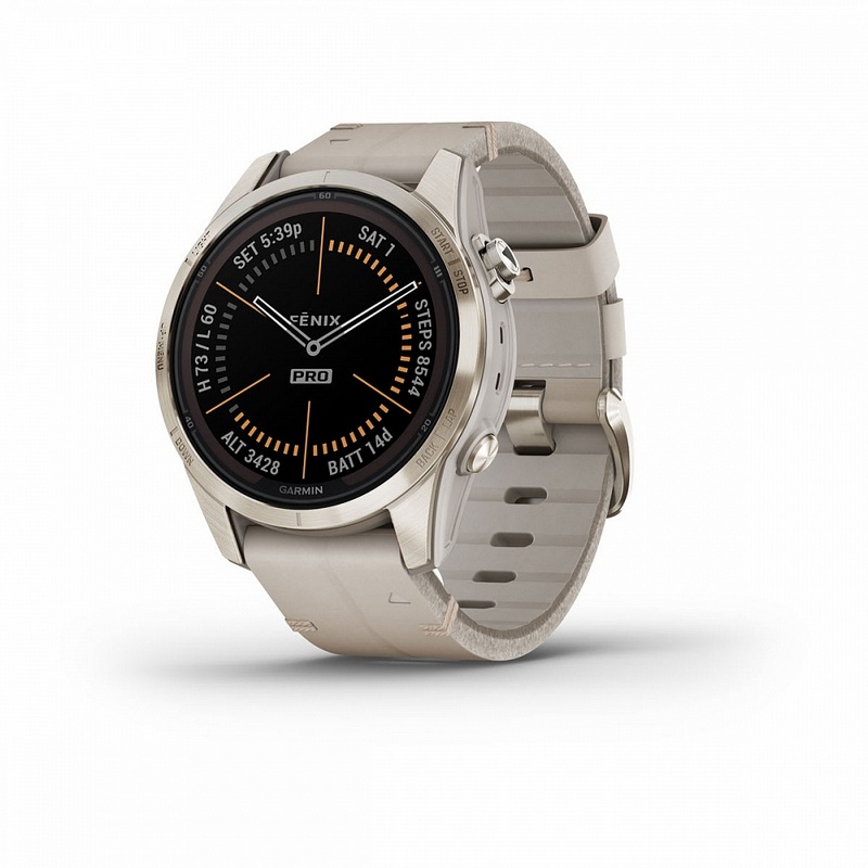 картинка Garmin Fenix 7S Pro Sapphire Solar, 42 мм, золотистый корпус, кожаный ремешок цвета известняка от маркетплейса TEMA.shop