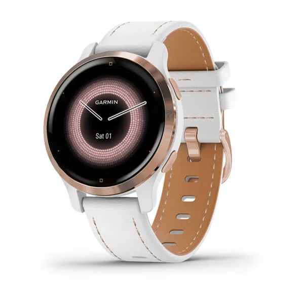 картинка Garmin Venu 2S, 40.4 мм, корпус и ремешок белого цвета кожанный, безель розове золото от маркетплейса TEMA.shop