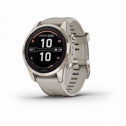 картинка Garmin Fenix 7S Pro Sapphire Solar, 42 мм, золотистый корпус, ремешок светло-песочного цвета от маркетплейса TEMA.shop 1