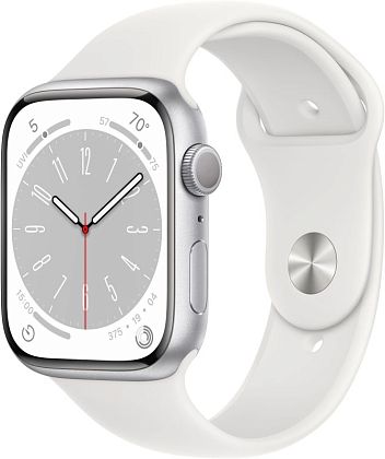 картинка Apple Watch Series 8, 45 мм, корпус серебристого цвета, ремешок белого цвета, размер S/M от маркетплейса TEMA.shop 1