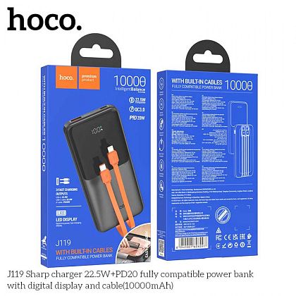 картинка Hoco J119 Sharp 10000mAh Power Bank, QC3.0, PD20W, SCP22.5W, LED, build-in C&L cables, черный от маркетплейса TEMA.shop 2