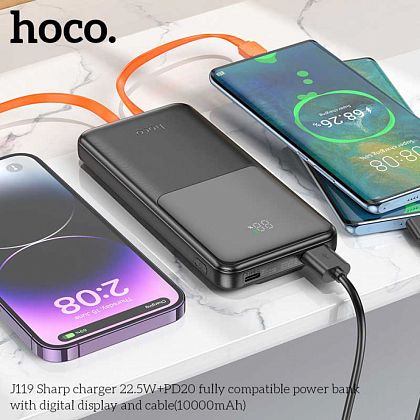 картинка Hoco J119 Sharp 10000mAh Power Bank, QC3.0, PD20W, SCP22.5W, LED, build-in C&L cables, черный от маркетплейса TEMA.shop 4