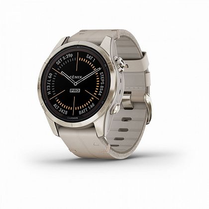 картинка Garmin Fenix 7S Pro Sapphire Solar, 42 мм, золотистый корпус, кожаный ремешок цвета известняка от маркетплейса TEMA.shop 1